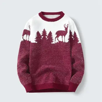 2022 Мъжки Новият Есенно-зимния Пуловер с кръгло деколте, Основен Пуловер Пуловер с Принтом Горски Елен