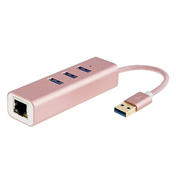 3-портов концентратор на данни USB 3.0 Ethernet порт, който поддържа 10/100/1000 Mbps с USB, RJ-45 Gigabit алуминиев корпус, розово злато