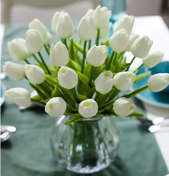 31 Изкуствена Цветна Клонка Лале Бели Цветя, Сватбена Украса Ваза Лист Латекс Клони