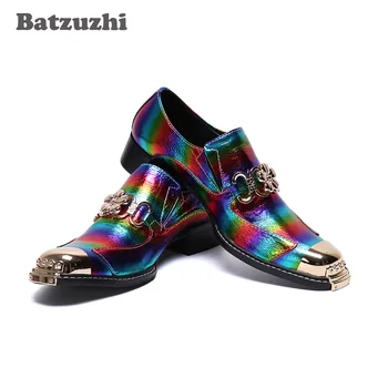 Batzuzhi/Мъжки обувки ръчна изработка, цветни модела обувки с остър метално бомбе, мъжки вечерни и сватбени Zapatos Hombre, големи размери на us6-12