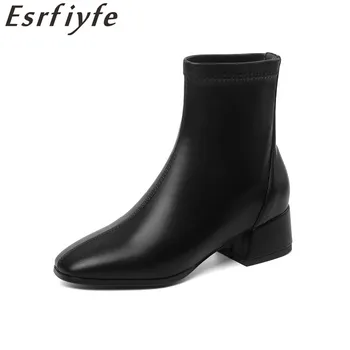 ESRFIYFE /Новост 2020 г.; зимни дамски ботильоны; обувки от Флока от микрофибър; дамски обувки на дебелите обувки с квадратни пръсти; дамски обувки за партита; Големи Размери