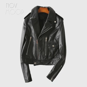 Novmoop Корейски луксозен стил лято есен черно червено овча кожа естествена кожа мотоциклетът байкерская яке дамско палто abrigos mujer LT3164