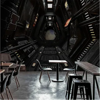Абстрактен 3D Космически Кораб Тунел Фотообои за Ресторант и Кафе-Бар Индустриален Декор на Черно Пространство Рисувани Стенни Тапети 3D