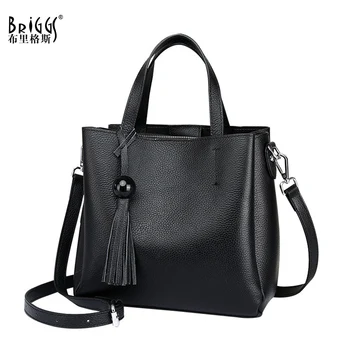 Дамска чанта BRIGGS от Естествена Кожа, Модерна Чанта с Пискюли, Дамски Есен Дизайнерски Малка Чанта През Рамо, черна Горна дръжка
