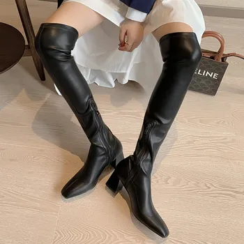 Есенно-зимни дамски ботфорты над коляното от естествена кожа на висок ток, 22-24,5 см, ботфорты над коляното, тесни обувки, дълги ботуши