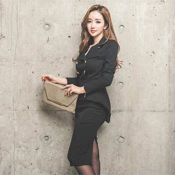 новата европейска и корейски дамски тънък утягивающая пола с дълъг ръкав, двубортная OL, професионално облекло, чанта с цепка, пола на бедрата, от две части