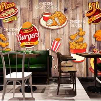 Обичай Западен Ресторант за Бързо Хранене Снек-Бар Индустриален Декор, на Фона на Стената Тапет 3D Бургер Пиле Дървени Тапети 3D