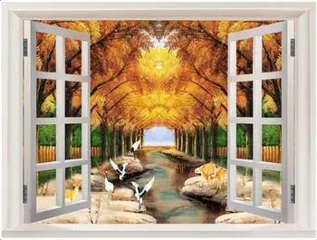 Потребителски фотообои 3d стенописи тапети за стените, Прозореца пейзаж на фона на стената дърво светлобежов пейзаж рисувани стенни тапети