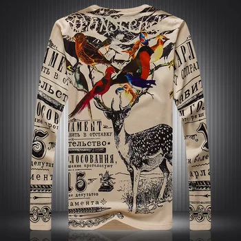 Птици, елени букви модел дигиталният печат е модерна тениска с дълъг ръкав Есента на 2018 Ново качество на луксозен бутик мъжка тениска-3XL