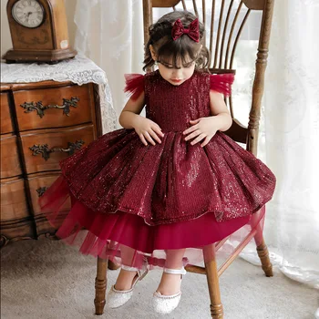 Червена рокля с цветя модел за момичета, Топката Принцеса Рокля с пайети Рокля за Рожден Ден, за 1 Година, Детско Празнично Сватбена рокля за бала, Vestidos 12-24 Месеца