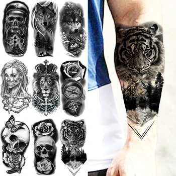 Черен Тигър В Гората Временни Татуировки За Възрастни Мъже Череп Лъв Пират Вампир Компас Вълк Фалшива Татуировка Стикер Ръка Тялото Татуировки